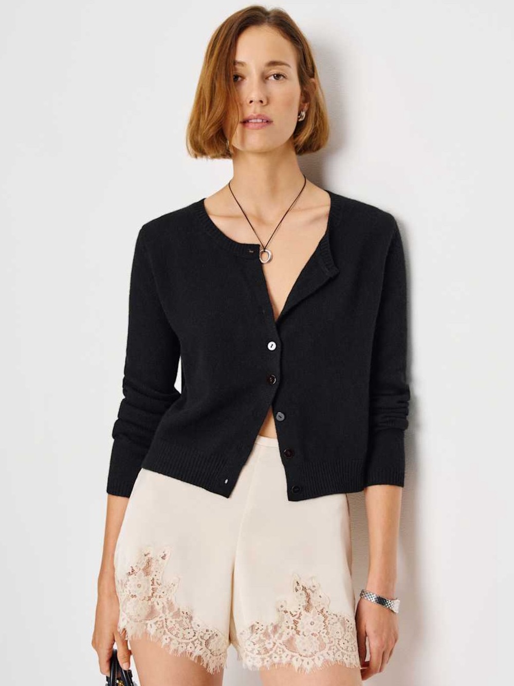 Reformation Clara Cashmere Crew Cardigan in Black (L)